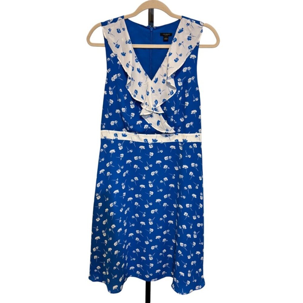 Ann Taylor Factory Ruffle Neck Sleeveless Blue White Floral Dress